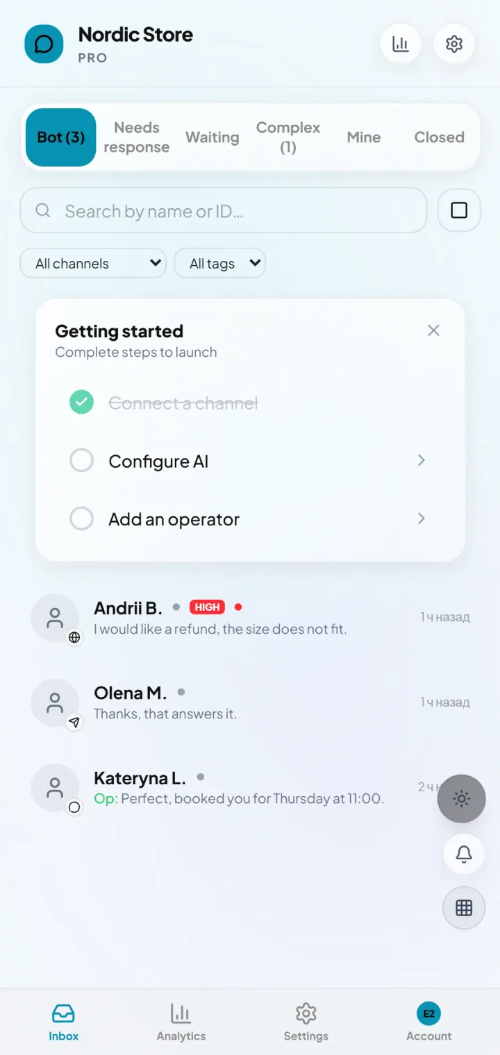 Telegram, WhatsApp and the site widget in one operator window.