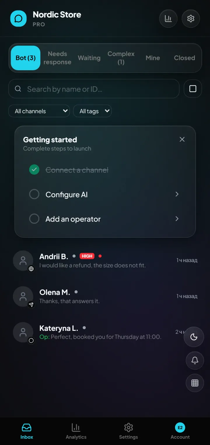 Telegram, WhatsApp and the site widget in one operator window.