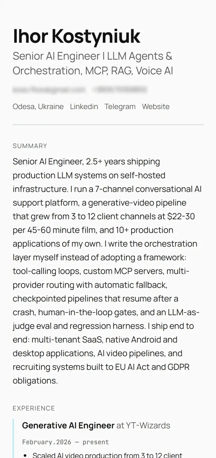The page a recruiter opens. Email and phone are blurred on the screenshot.