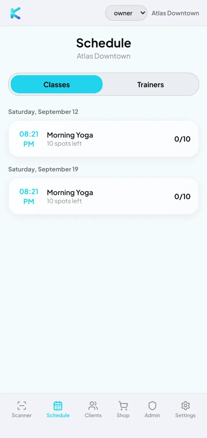 Class schedule with places left, per club.