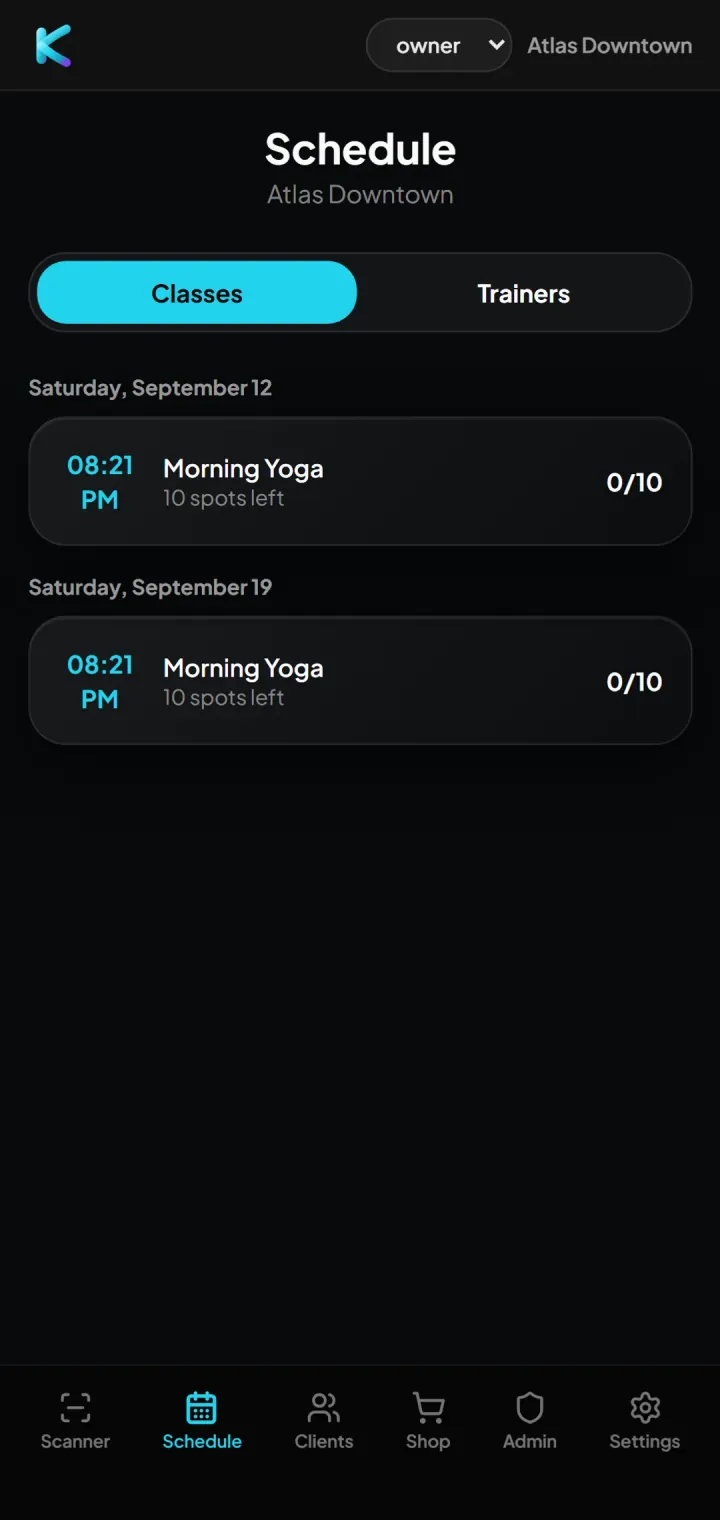 Class schedule with places left, per club.
