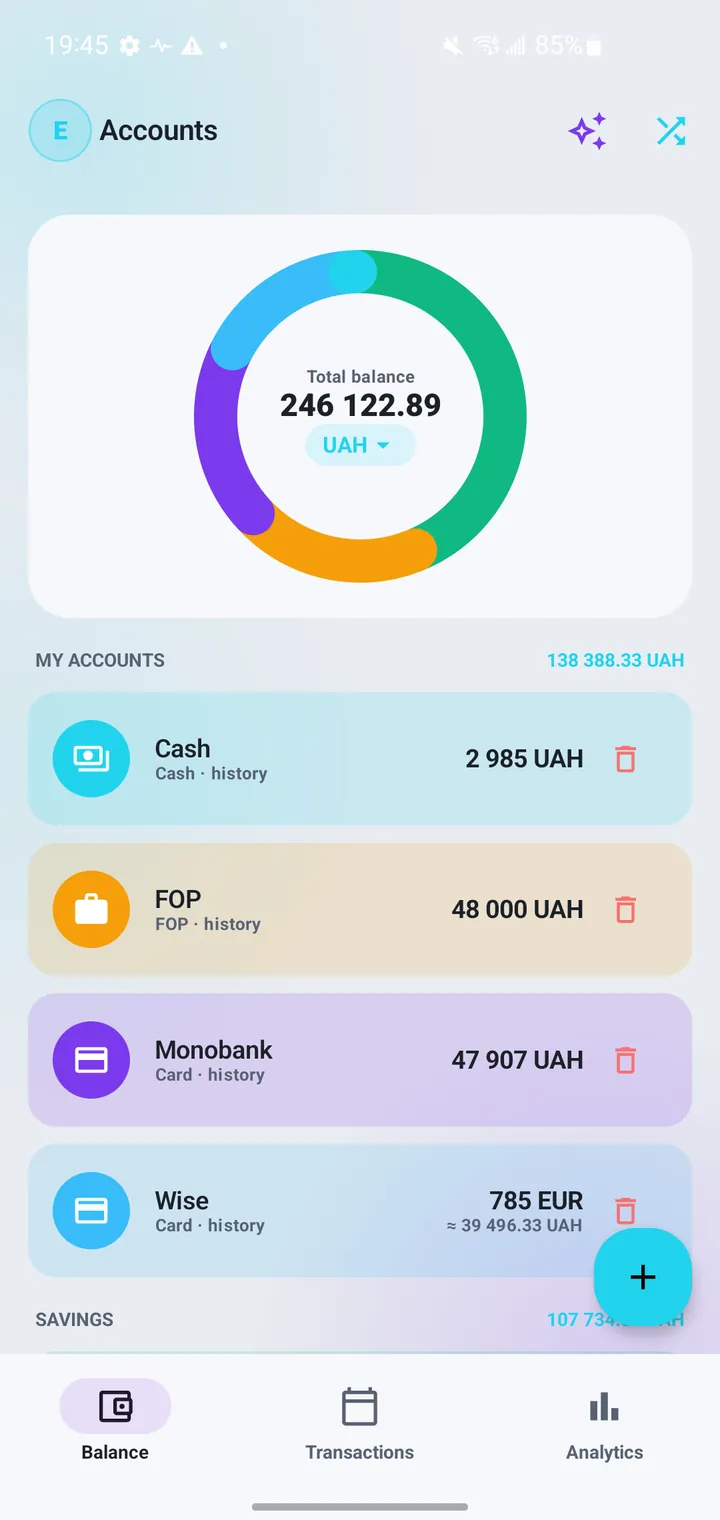 Accounts in three currencies, one running total.