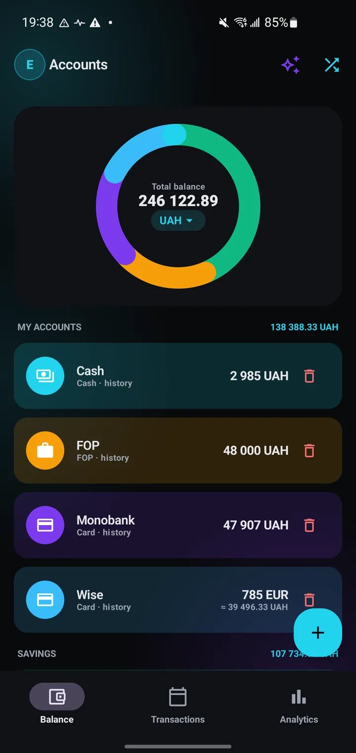 Accounts in three currencies, one running total.