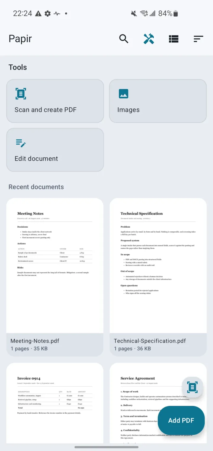 Library and tools: merge, split, scan, edit.