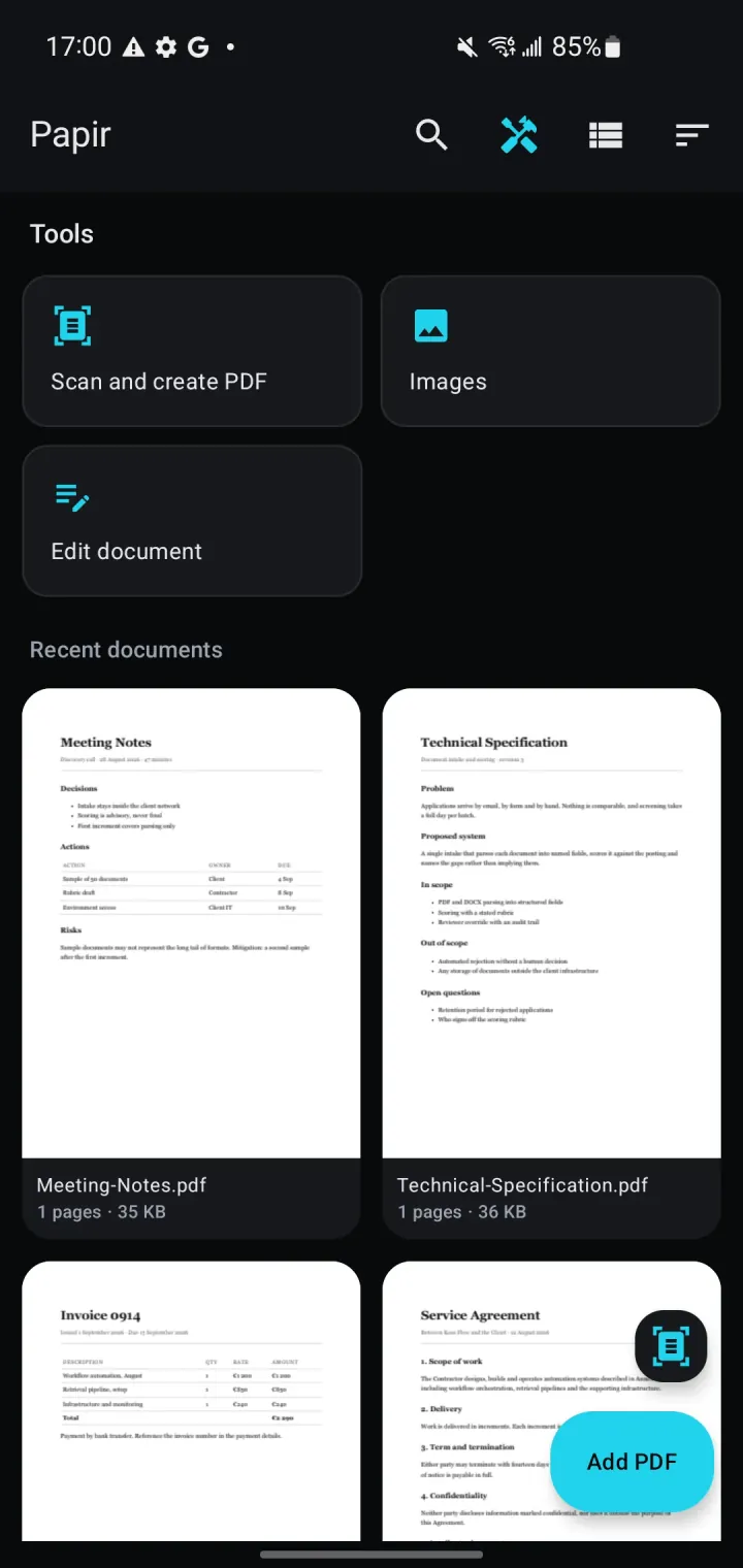 Library and tools: merge, split, scan, edit.